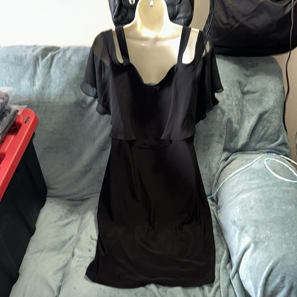 MSK black cold shoulder stretchy lined midi dress size 12 New - Picture 3 of 9